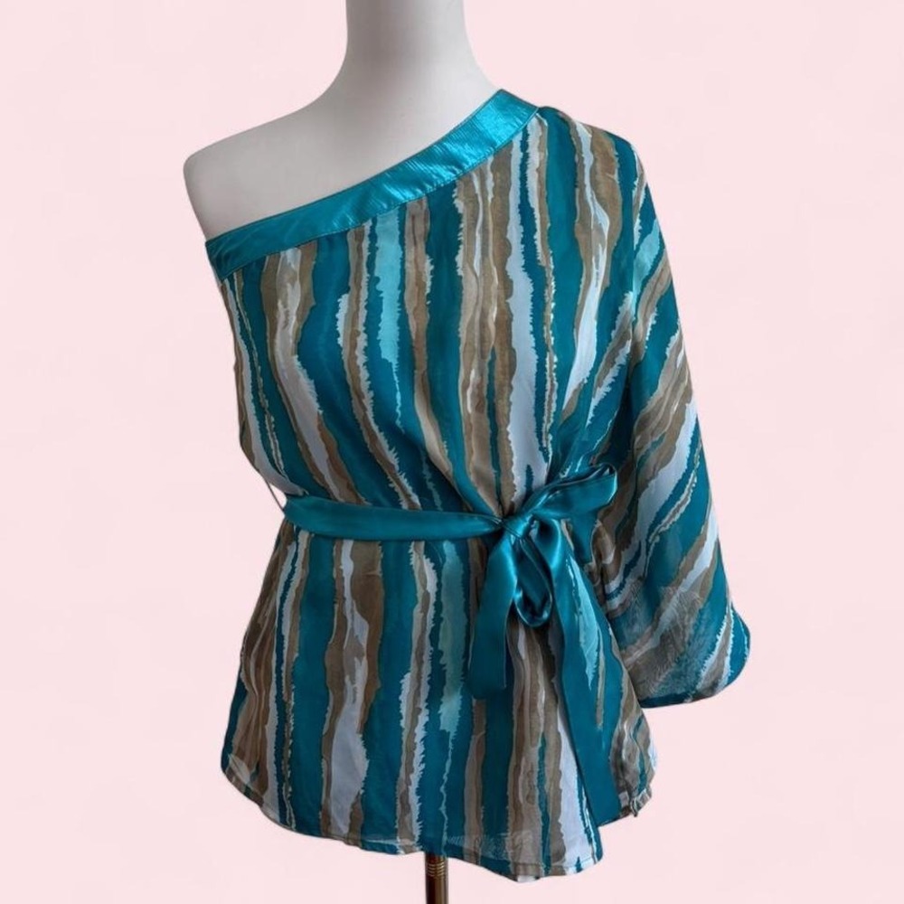 Y2K Paper Tee Teal Stripe One-Shoulder Tie-Waist Top — Size M